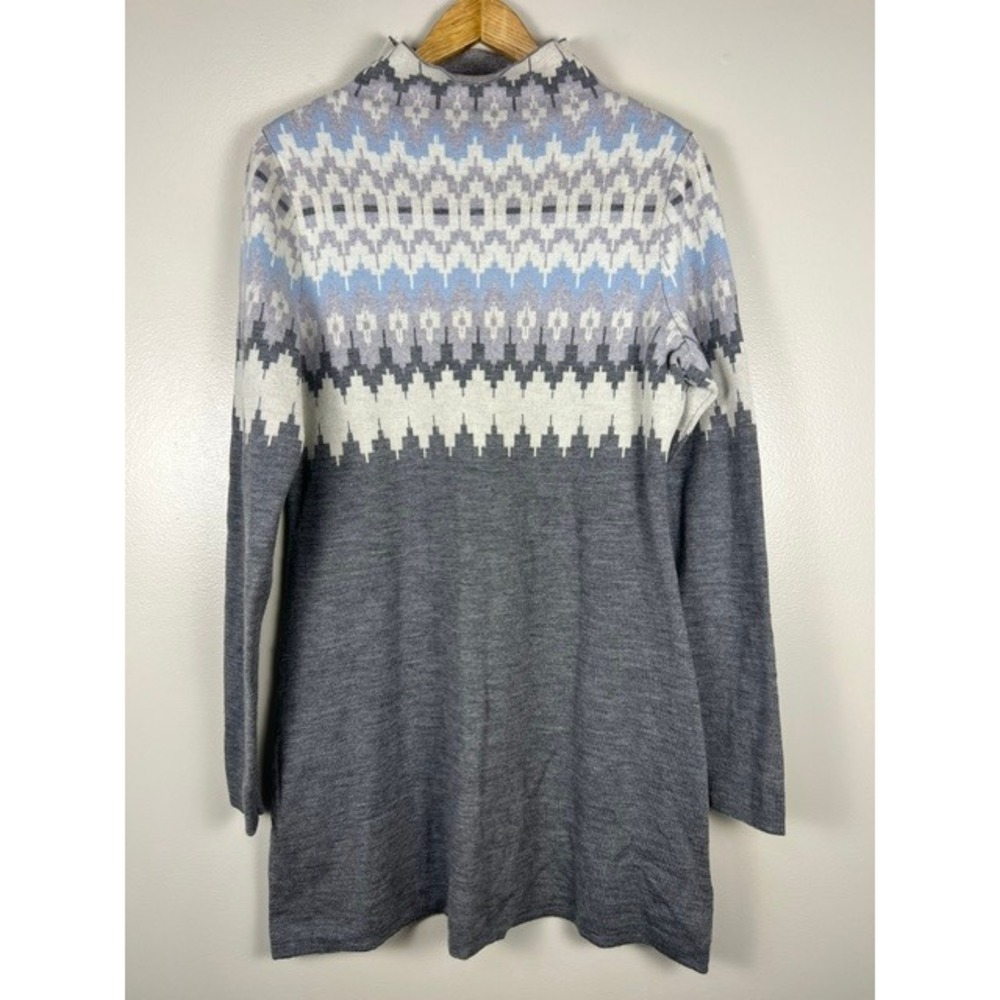 Icelandic Design Merino Wool Fair Isle Mock Neck Tunic Sweater Grey Blue L